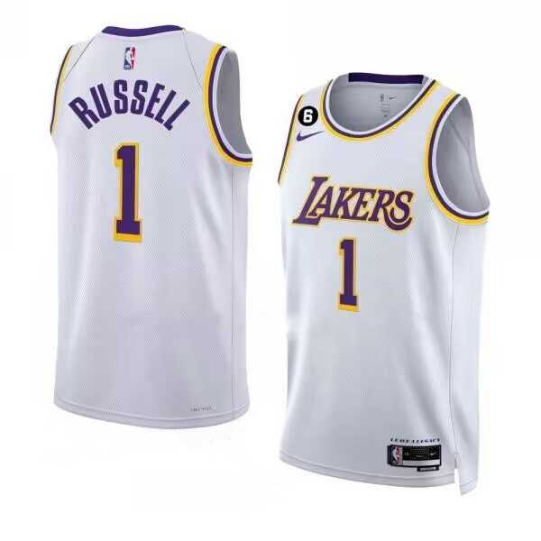 Men%27s Los Angeles Lakers #1 D%27Angelo Russell 2022-23 White With NO.6 Patch Association Edition Swingman Stitched Basketball Jersey Dzhi